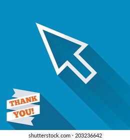 Mouse cursor sign icon. Pointer symbol. White flat icon with long shadow. Paper ribbon label with Thank you text. Vector