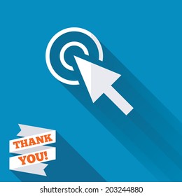 Mouse cursor sign icon. Pointer symbol. White flat icon with long shadow. Paper ribbon label with Thank you text. Vector