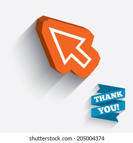 Mouse cursor sign icon. Pointer symbol. White icon on orange 3D piece of wall. Carved in stone with long flat shadow. Vector