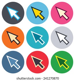 Mouse cursor sign icon. Pointer symbol. Colored round buttons. Flat design circle icons set. Vector