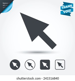Mouse cursor sign icon. Pointer symbol. Circle and square buttons. Flat design set. Thank you ribbon. Vector