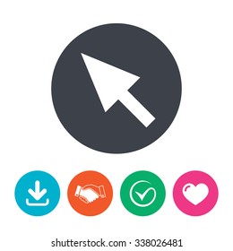 Mouse cursor sign icon. Pointer symbol. Download arrow, handshake, tick and heart. Flat circle buttons.