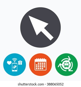 Mouse cursor sign icon. Pointer symbol. Mobile payments, calendar and wifi icons. Bus shuttle.