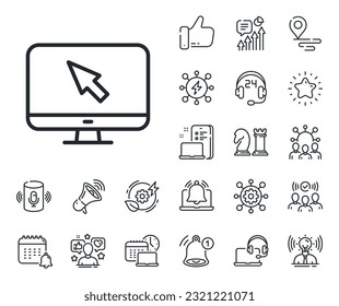 Mouse cursor sign. Place location, technology and smart speaker outline icons. Computer or Monitor icon. Personal computer symbol. Internet line sign. Influencer, brand ambassador icon. Vector