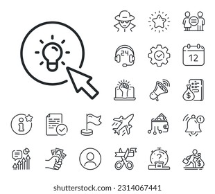 Mouse cursor sign. Salaryman, gender equality and alert bell outline icons. Idea lamp line icon. Light bulb symbol. Energy line sign. Spy or profile placeholder icon. Online support, strike. Vector