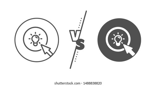 Mouse cursor sign. Versus concept. Idea lamp line icon. Light bulb symbol. Line vs classic energy icon. Vector