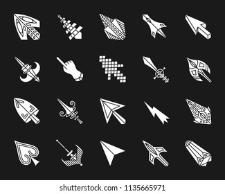 Mouse Cursor silhouette icons set. Isolated web sign kit of arrow. Click monochrome pictogram collection includes pointer, sword, hand. Simple white contour symbol. Mouse Cursor vector Icon shape