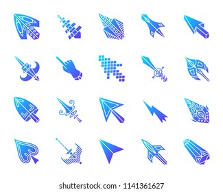 Mouse cursor silhouette icons set. Isolated on white sign kit of arrow. Click pictogram collection includes pointer, laser, lightning. Modern gradient simple contour symbol. Cursor vector icon shape