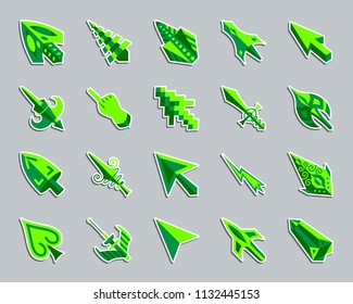 Mouse cursor sticker icons set. Flat sign kit of arrow. Click pictogram collection includes pointer, laser, lightning. Simple mouse cursor symbol. Icon for patch, badge, pin. Vector Illustration