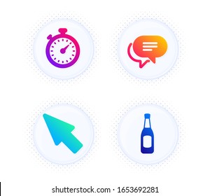 Mouse cursor, Text message and Timer icons simple set. Button with halftone dots. Beer sign. Click arrow, Chat bubble, Stopwatch gadget. Pub alcohol. Business set. Vector