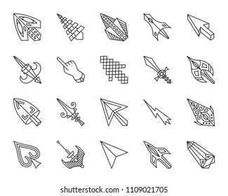 Mouse Cursor thin line icons set. Outline sign kit of arrow. Click linear icon collection includes pointer, lightning, forefinger. Simple mouse cursor black contour symbol on white vector Illustration