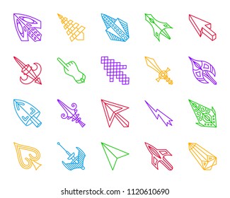 Mouse Cursor thin line icons set. Outline sign kit of arrow. Click linear icon collection includes pointer, laser, lightning. Simple mouse cursor contour symbol isolated on white. Vector Illustration