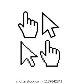 Mouse cursor vector icons. Hand cursor pointer icon, pixel and regular. Arrow poiner cursor icon, pixelated and regular, white fill color.