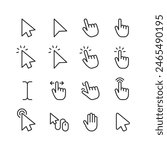 Mouse Cursors and Pointers, linear style icon set. On-screen navigation and user interactions. Cursor designs - arrows, hands. Clicking, selecting, dragging actions. Editable stroke width.