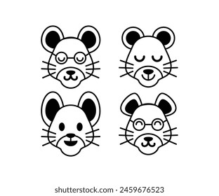 mouse cute face animal cartoon character vector icon design simple black white illustration collections sets