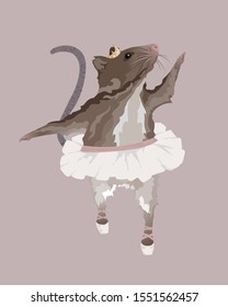 Mouse dancer. Rat ballerina. Cute mice girl wearing pointe shoes, tiara and tutu skirt. 