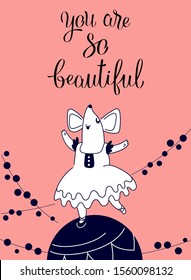 Mouse dancing on a ball, colored greeting card for your design, vector illustration