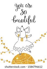 Mouse dancing on a ball, greeting card for your design, vector illustration 10eps