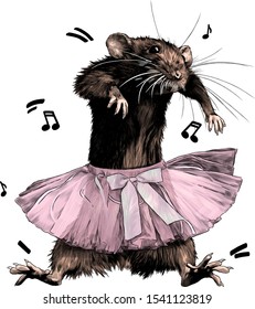 mouse dancing in puffy skirt with bow, sketch vector graphics color illustration on white background