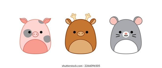 Ratón, ciervo, cerdo. Squishmallow. Delicioso juguete de peluche suave. Almohada. Kawaii, caricatura. Ilustración vectorial aislada eps 10