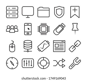 dispositivo de ratón y conjunto de iconos ui o ux sobre fondo blanco, estilo de línea, ilustración vectorial