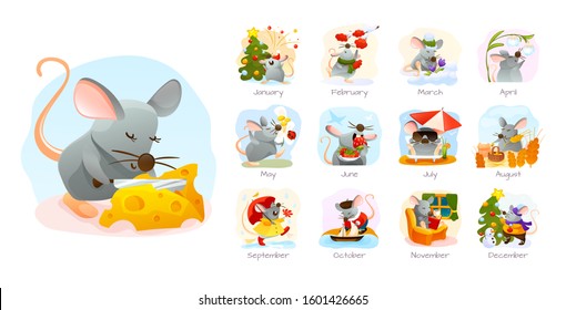 Mouse in different months and seasons. Rat is animal of the 2020 year Chinese calendar. Happy new year. Illustrations for Chinese calendar with rats for each month cartoon vector