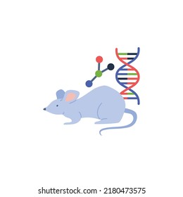 Mouse with DNA molecule texture symbols for genetic and bioengineering. Genetic experiments on animals concept, flat vector illustration isolated on white background.