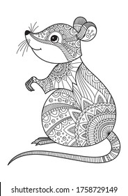 Mouse doodle coloring book page. Antistress for adult. Zentangle style. Chinese symbol of the year the rat in the eastern horoscope. Black and white illustration