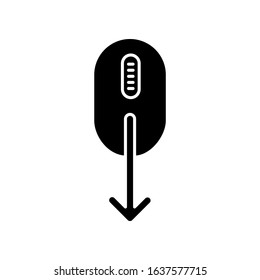 Mouse and down arrow black glyph icon. Web page scrolling down indicator. Cursor direction. Website pointer, app interface button. Silhouette symbol on white space. Vector isolated illustration