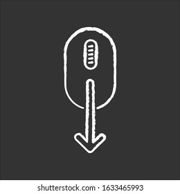 Mouse and down arrow chalk white icon on black background. Web page scrolling down indicator. Cursor direction. Website pointer, app interface button. Isolated vector chalkboard illustration
