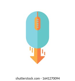 Mouse and down arrow flat design cartoon RGB color icon. Web page scrolling down. Cursor pointing direction. PC mouse with buttons. Website pointer, interface button. Vector silhouette illustration