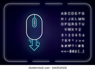 Mouse and down arrow neon light icon. Web page scrolling down. Website pointer, interface button. Outer glowing effect. Sign with alphabet, numbers and symbols. Vector isolated RGB color illustration