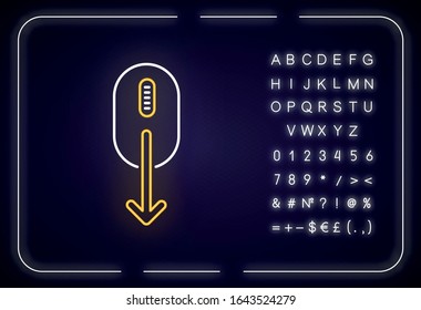 Mouse and down arrow neon light icon. Web page scrolling down indicator. App interface button. Outer glowing effect. Sign with alphabet, numbers and symbols. Vector isolated RGB color illustration