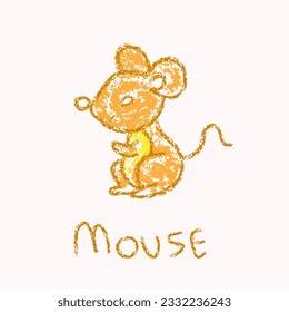 Mouse drawings with crayon. Kids doodle drawing, children crayon drawing and hand drawn, pastel pencil doodle vector illustration
