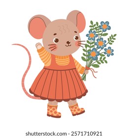 Mouse in dress and wellies with bouquet of flowers. Cute spring forest wood woodland character. Vector illustration isolated on transparent background. 