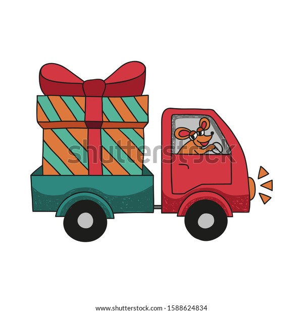 Mouse drives a truck with\
gifts