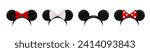Mouse ears mask template. Black cute hats with red bows for fun parties and carnival with cartoon vector design elements