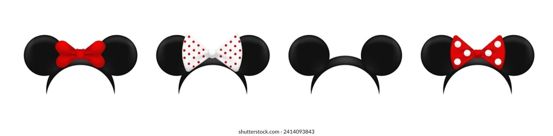 Mouse ears mask template. Black cute hats with red bows for fun parties and carnival with cartoon vector design elements