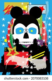 Mouse ears skull, pop art background with stars and graffiti. Cool fun poster.