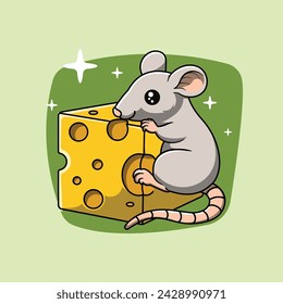 A mouse eat a cheese, cartoon vector illustration