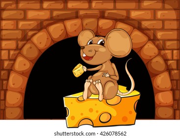 Mouse eating cheese in the house illustration