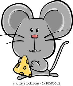 Mouse eating cheese, illustration, vector on white background