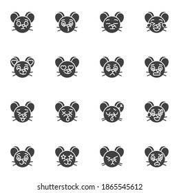 Juego de iconos vectoriales del emoticono del ratón, colección moderna de símbolos sólidos, paquete de pictogramas estilo relleno. Señales, ilustración del logotipo. Set incluye iconos como sonriente con ojos de corazón, emoción de cara de ratón enojada