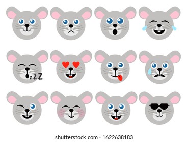 Mouse emoticon. Animal emoticons. Mouse face icons. Set of cartoon mouse stickers. Funny smiles, emoji, expressions, emoticons. Vector illustration.