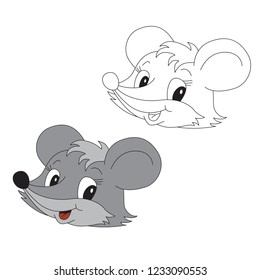 Mouse face cartoon. Outlined illustration with thin line black stroke, colorful and colorless version