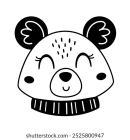 Mouse face clipart. Cute black and white mouse head clipart doodle. Autumn animal character. Hand drawn vector illustration in flat style