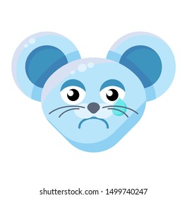 Mouse face crying emoticon. Sad animal emoji, teary rat. Negative emotion social media sticker