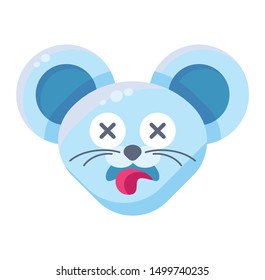 Mouse face dead emoticon sticker. Deceased animal emoji with sticking tongue, rat with crossed eyes