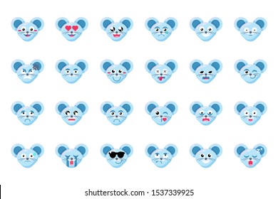 Mouse face flat vector emoticons set. Rats positive, negative facial expressions emoji stickers pack