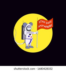 mouse in a face mask in a space suit with flag warning to stay safe anywhere, cartoon flat vector stock illustration